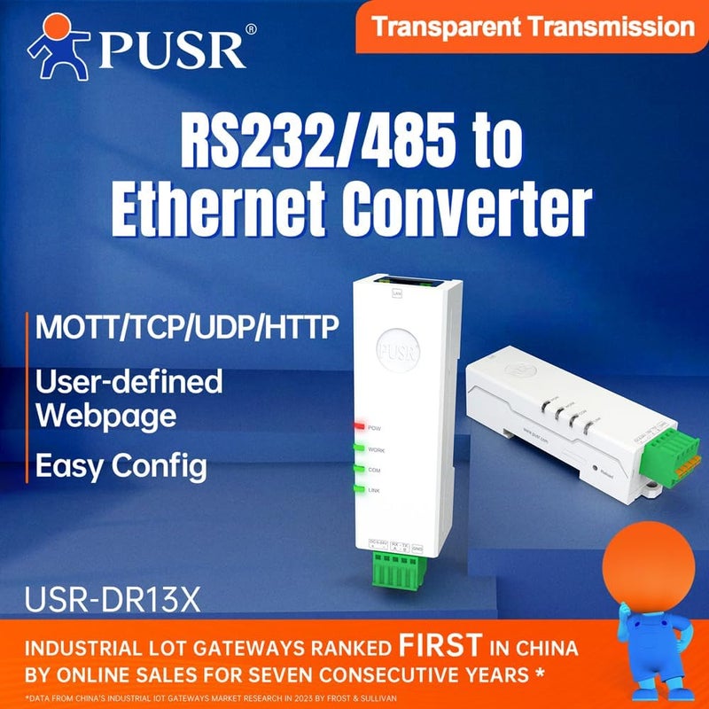 PUSR Din Rail "Lipstick" RS485 to Ethernet Serial Device Server Modbus Gateway RTU to TCP Rich Protocols MQTT/TCP/UDP/HTTP Edge Computing USR-DR134 - Image 1